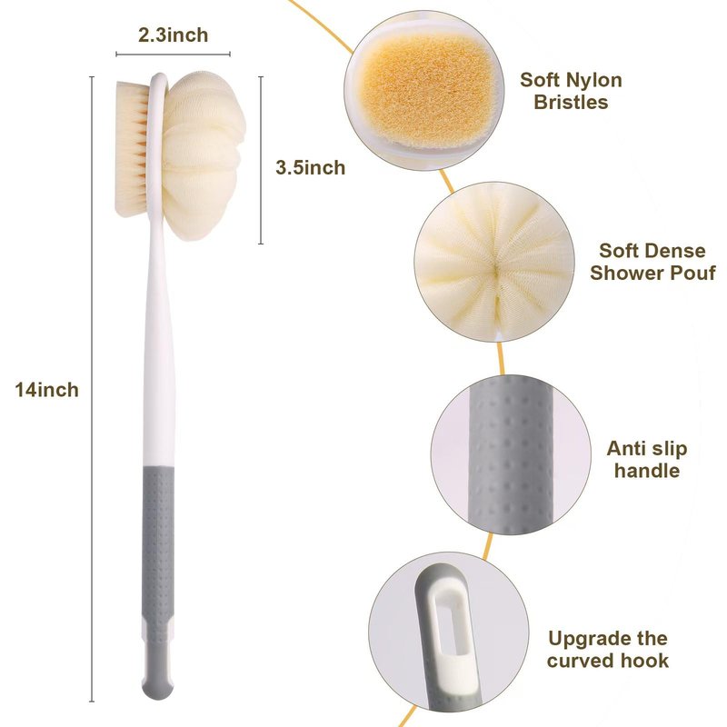 XDMURYM Long Handled Shower Brush for Cleaning Body,Double-Sided Bath Brush for Massage with Bristles and Loofah,Body Brush Exfoliator Mesh Sponge for Women and Men(Gray)