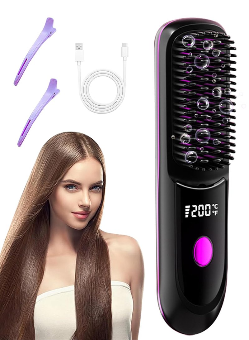 Go Brush Pro Hair Straightener, Cordless Ionic Comb with 6000mAh Battery, Fast Heating, Portable Travel Design, Rechargeable Straightening and Curling Brush, Black