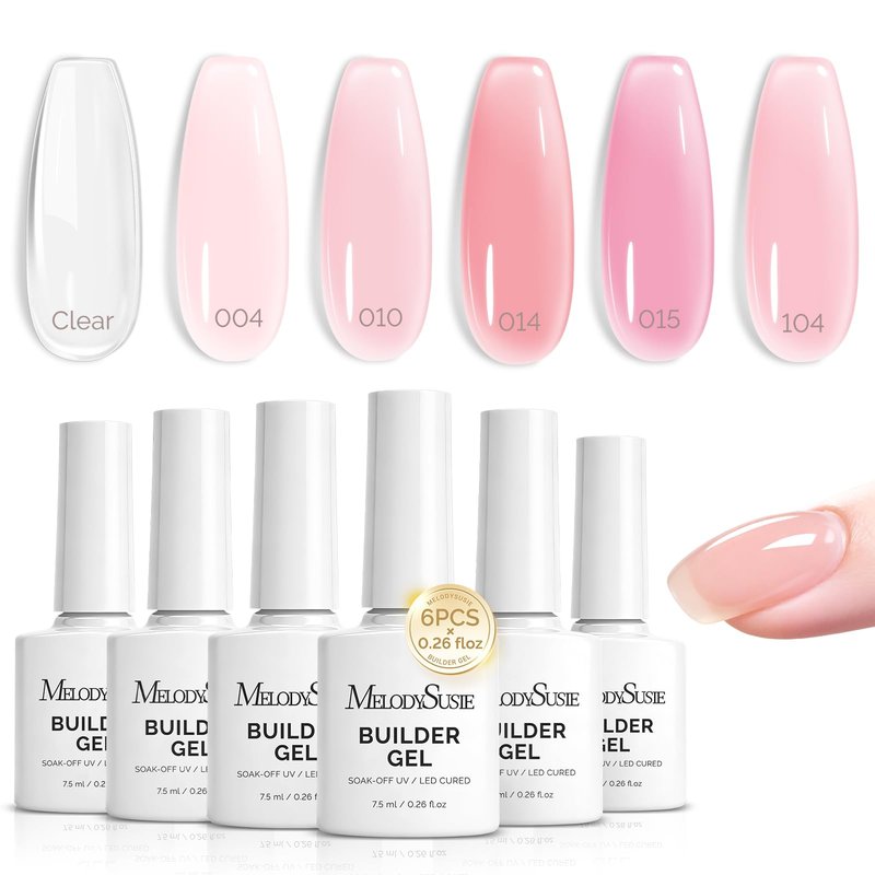 MelodySusie Builder Gel Nail Polish Set, Base Colors Jelly Pink Clear 8 in 1 Nail Thickening Rubber Base Gel Polish,Soak Off UV Extension,Rhinestone Nail Glue in a Bottle Gift for Women 6 Colors