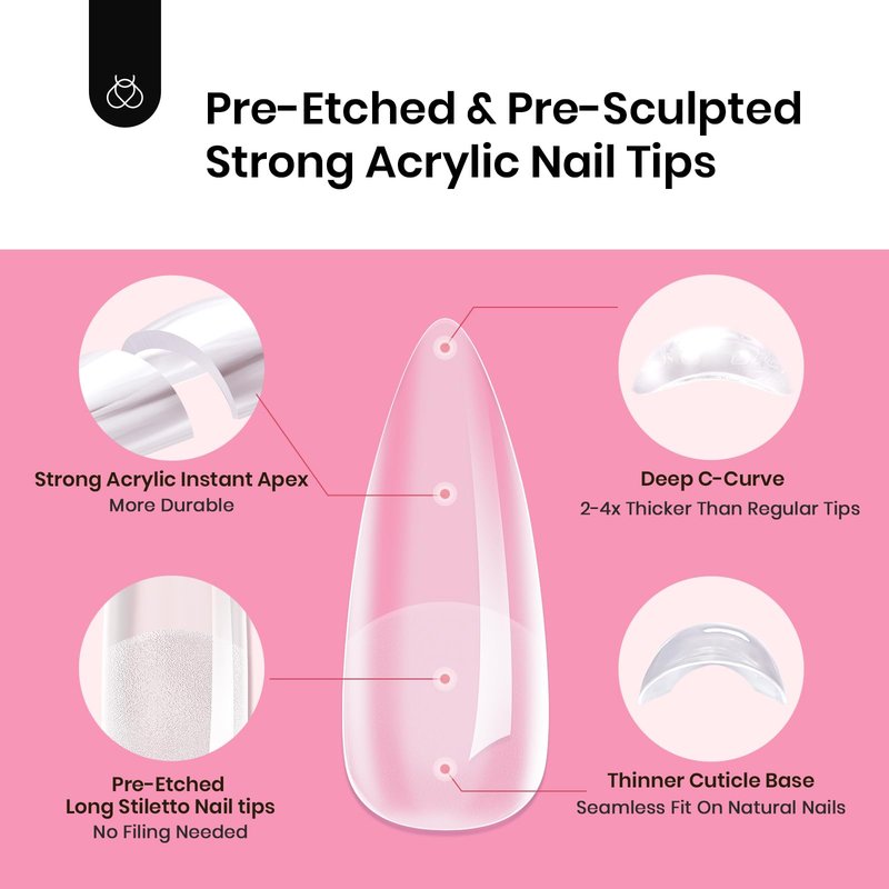 Beetles Tipex Instant Apex Nail Tips Kit, Stiletto Long, 224pcs 16 Sizes, with Tipex UV Nail Glue Mini Nail Lamp,Pre-Building Pre-Etched Strong Thicker Acrylic Nail Tips Set