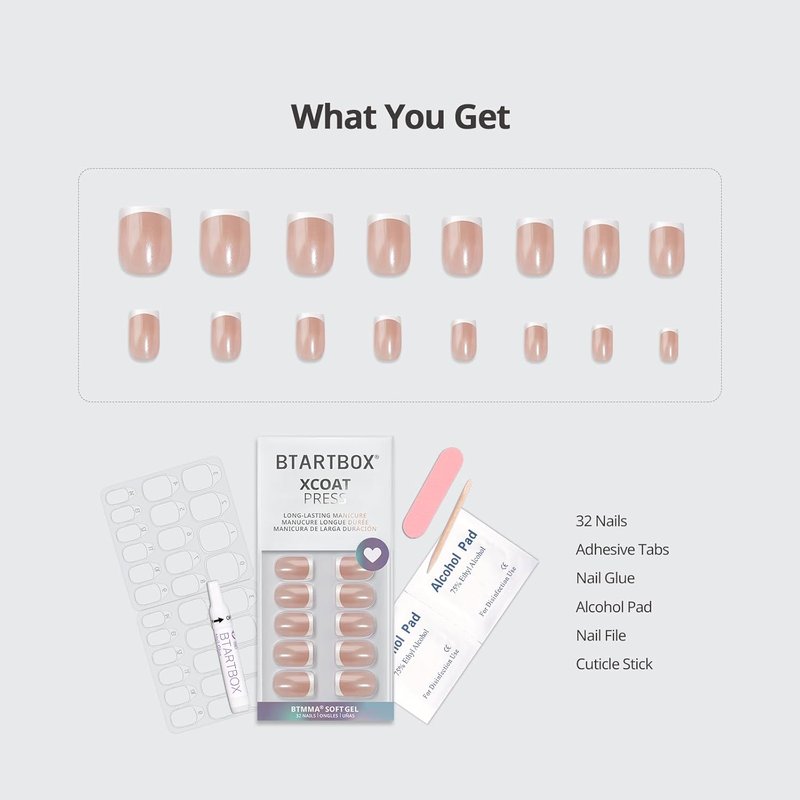 BTArtbox Press On Nails - Chrome French Tip Square Design | 32 Semi-Transparent Soft Gel Nails in 16 Sizes