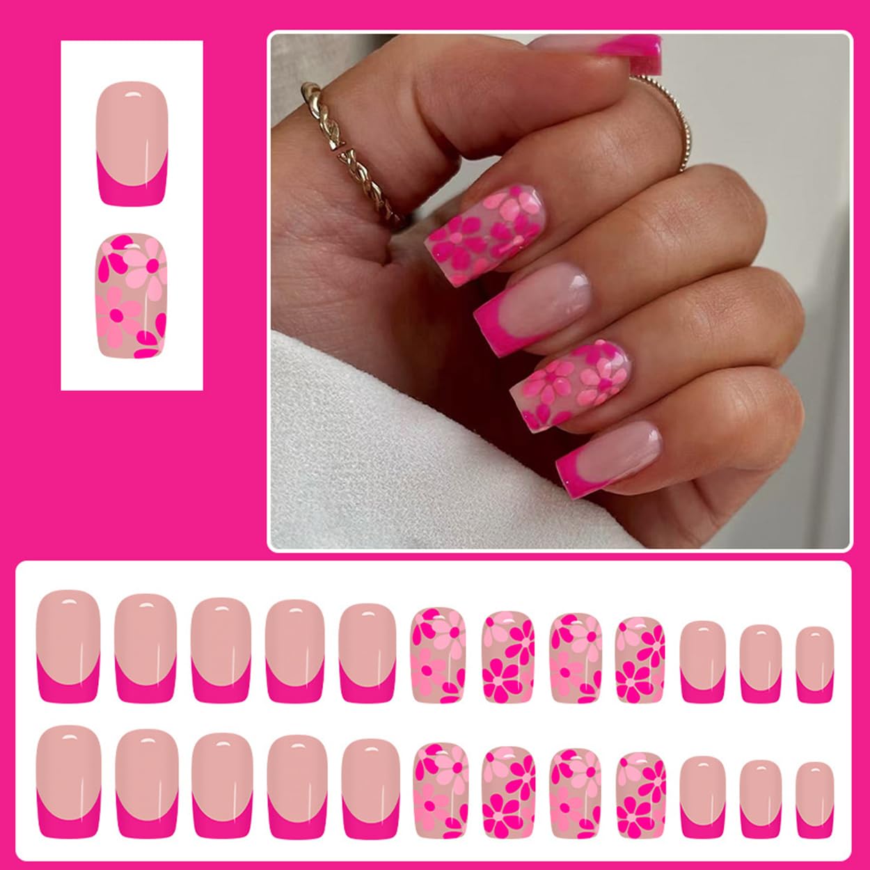 ZWENJIE Medium Press on Nails Square Spring Flower Acrylic Nail Tip Kit Fake Nails Press ons Stick on Nails Supplies Glue on Nails Full Cover False Nails Hot Pink French Glossy Design for Women 24Pcs