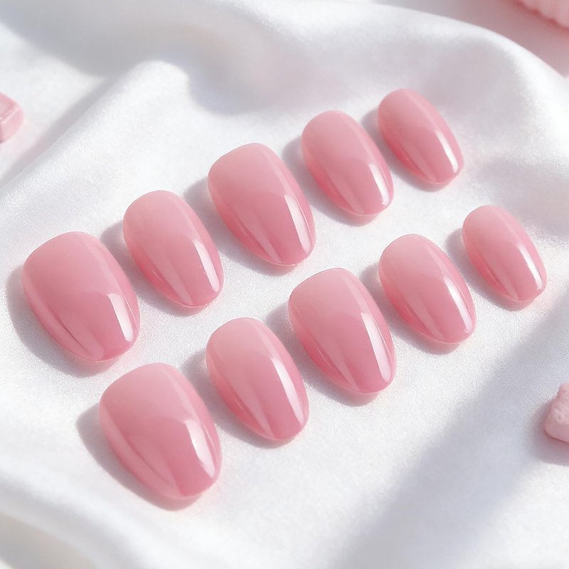 Nude Pink Press On Nails - 32 Pcs Short Oval Acrylic Set | Glossy Full Cover Stick-On for Manicure