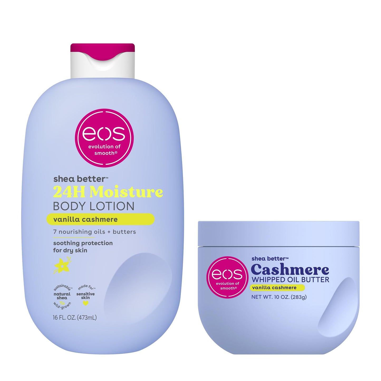 Bundle of eos Shea Better Body Lotion + Whipped Body Butter, Vanilla Cashmere, Weightless Moisture For Dry Skin, Rich Formula and Deep Hydration, Vanilla Body Lotion