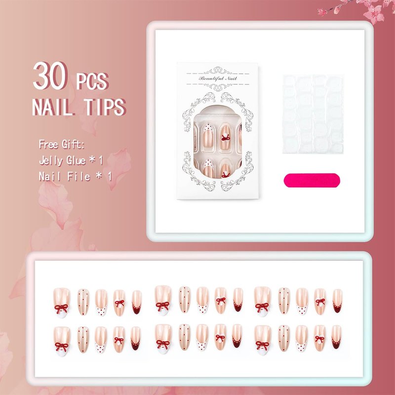 NEWSPIED French Tip Press on Nails Medium Almond Cute Red Bow Fake Nails with Polka Dot & Glitter Design Pink Acrylic False Nails Reusable Full Cover Cute Glue on Nails for Women Manicure 30Pcs