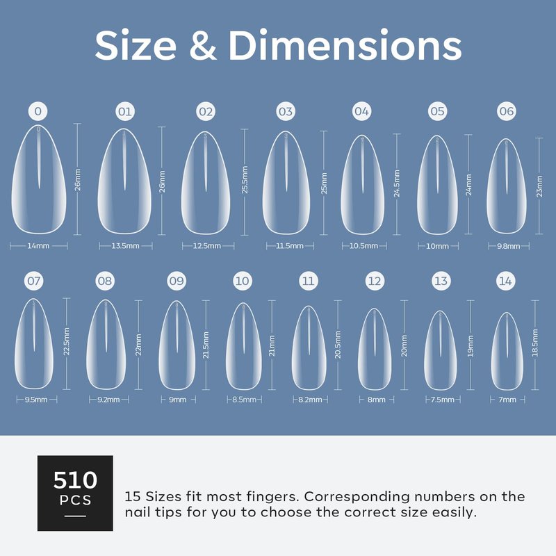 Modelones Medium Almond Nail Tips 510Pcs Clear False Acrylic Almond Press on Nails Pre-shape Full Cover Fake Extension DIY at Home 15 Sizes