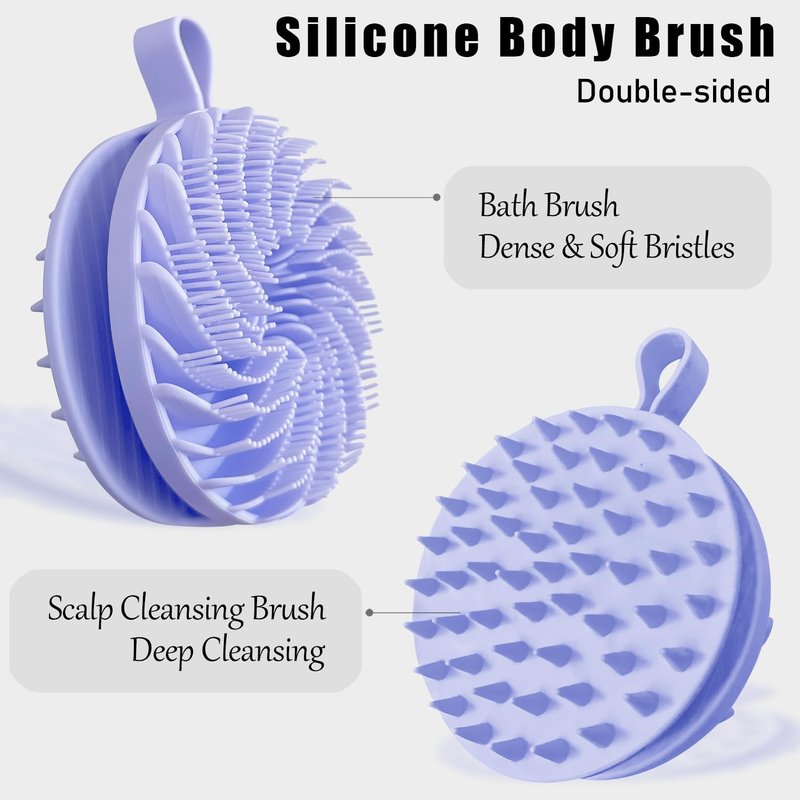 Douji Double-Sided Silicone Body Scrubber Shower Bath Brush, Handheld Cleansing Skin Brush for Sensitive Kids Women Men All Kinds of Skin（Purple）