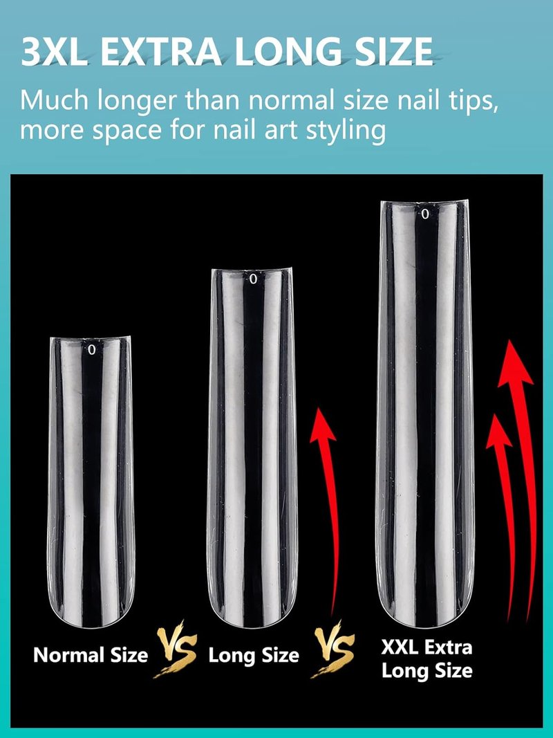 3XL Clear Nail Tips - 504PCS Extra Long Tapered Square Full Cover | 12 Sizes for Acrylic Nails & DIY