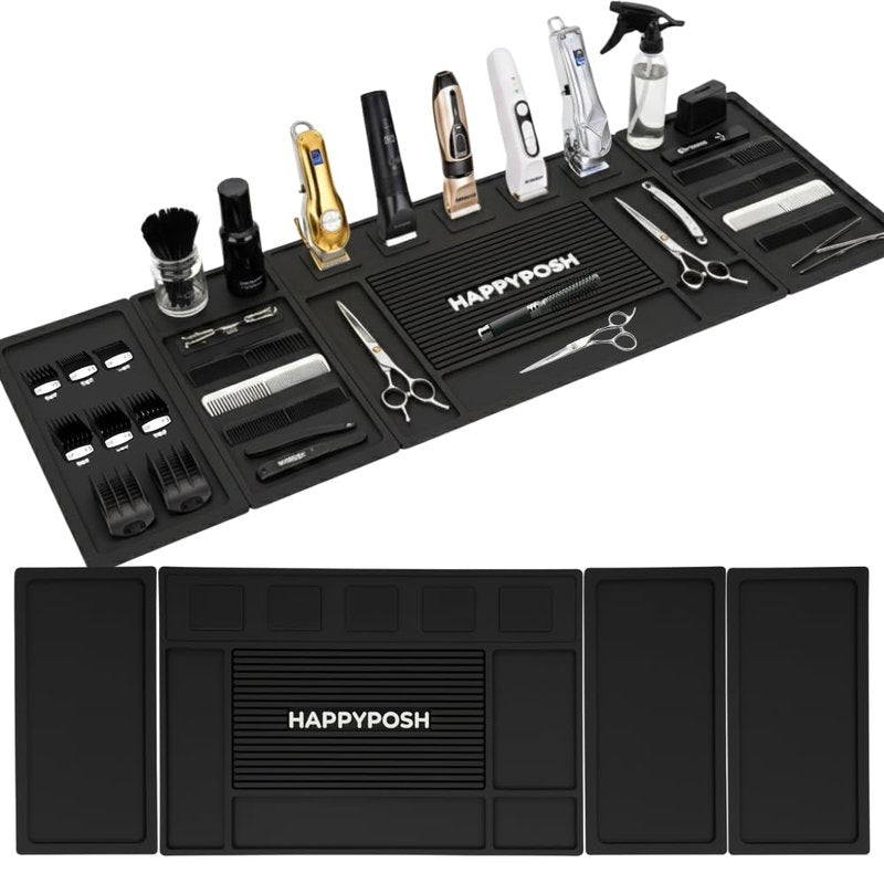 HAPPYPOSH Modular Magnetic Barber Mat Set 4PCS with 5 Strong Magnets, Extra Large Barber Station Mat, Full Workstation Setup for Clippers & Tools, Non-Slip Rubber Organizer for Professional Barbers