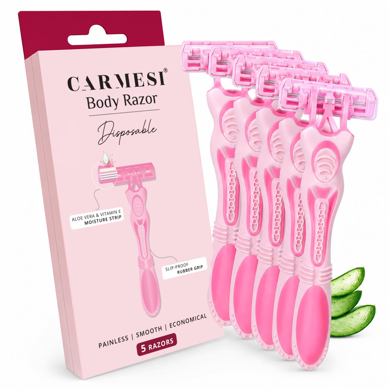 Carmesi Disposable Body Razor for Women – Pack of 5 | Gentle Shave with Aloe Vera Moisture Strip & Rubber Grip | Smooth Hair Removal for Legs, Arms, Underarms & Bikini Line