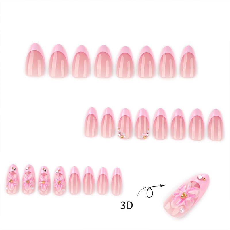 Jremg Pink Chrome Press on Nails Medium Almond Fake Nails with Rhinestones Designs Adorable 3D Pink Floral False Nails Reusable Glossy Artificial French Tip Glue on Nails for Women 24Pcs
