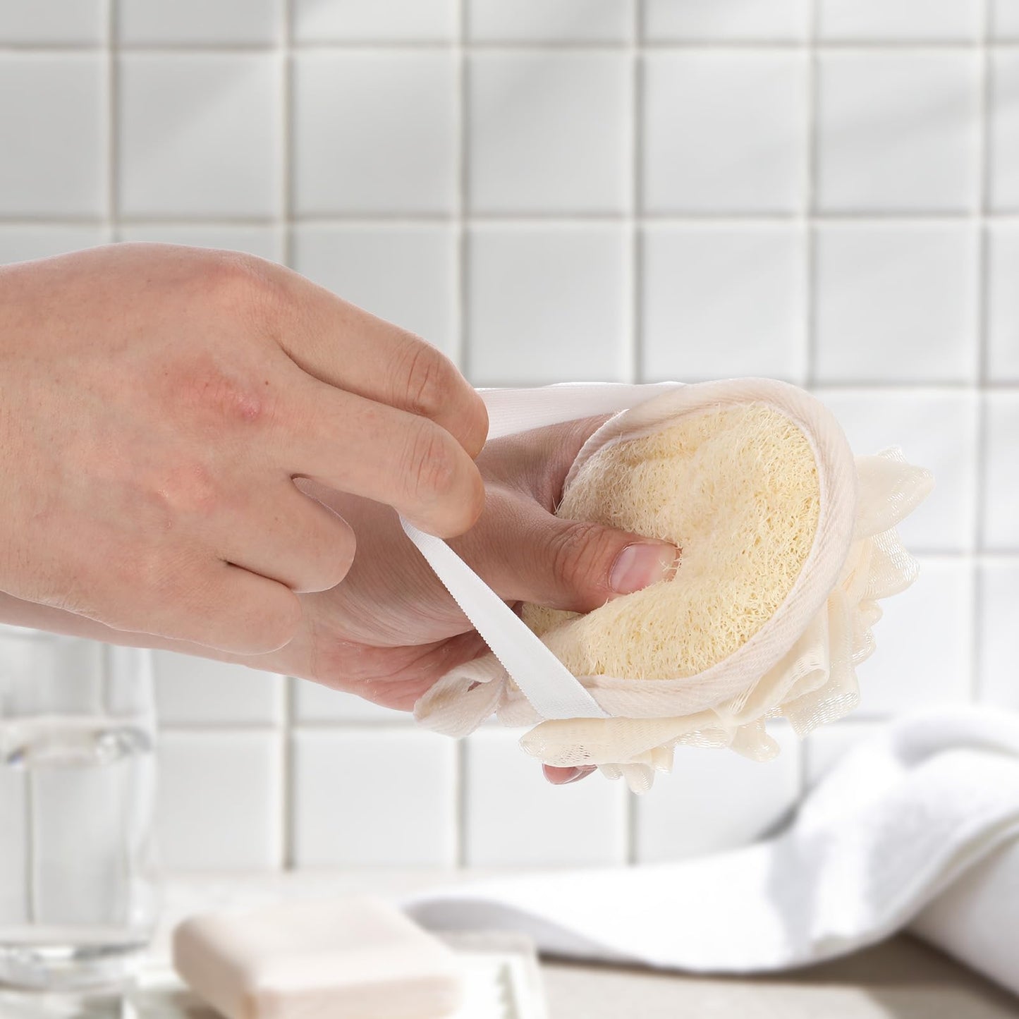 YBEATY 2 PCS Mini Soft Loofah Travel Size with Shower Flower Ball Natural Loofah Bath Sponge with Elastic Hand Strap Scrubber Glove Exfoliating Body Sponge Pad for Body Face Deeply Clean