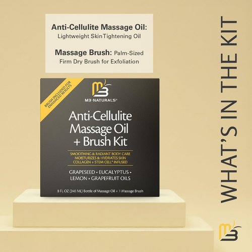 M3 Naturals Anti Cellulite Massage Oil and Firm Dry Brush Kit | Collagen & Stem Cell Skin Tightening Kit | Radiant Body Care Kit for Women