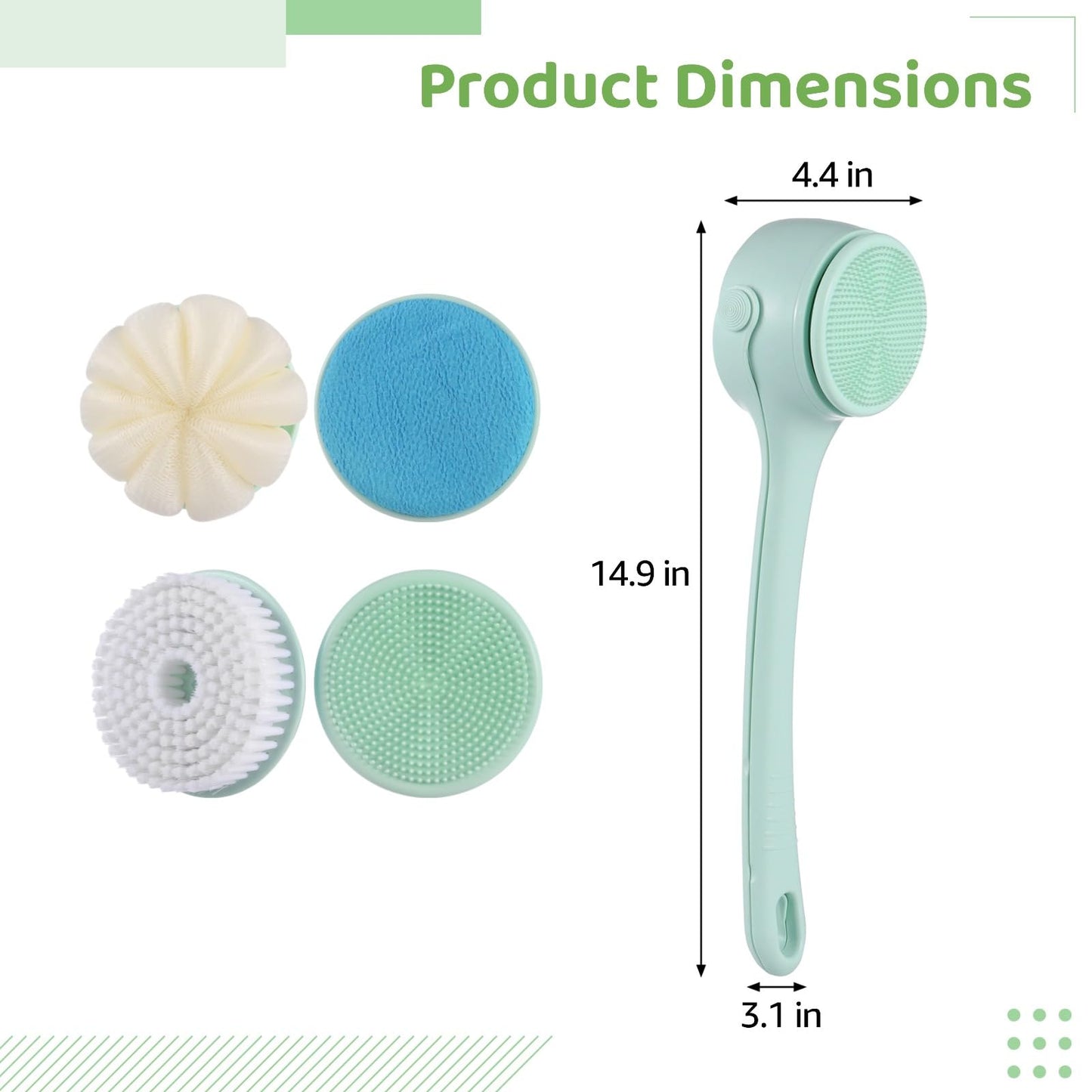 Electric Body Brush for Shower with 4 Replaceable Heads, 14.9 in Long Handle Back Scrubber, 2-Speed Adjustable Waterproof Power Body Scrubber, Rechargeable Bath Brush for Exfoliating and Cleaning