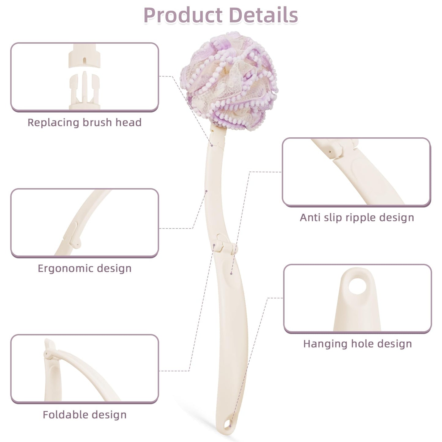 Topfinder Loofah Sponge with Handle,Back Scrubber Brush for Shower, Lotion Applicator for Back,3 in 1 Shower Kit (Purple loofah)