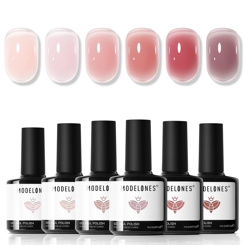 modelones Jelly Gel Nail Polish, 6 Colors Nude Gel Polish Milky White Pink Red Neutral Nail Art Design Translucent Kits Soak Off LED Nail Lamp Manicure Salon DIY Girls Women Gift