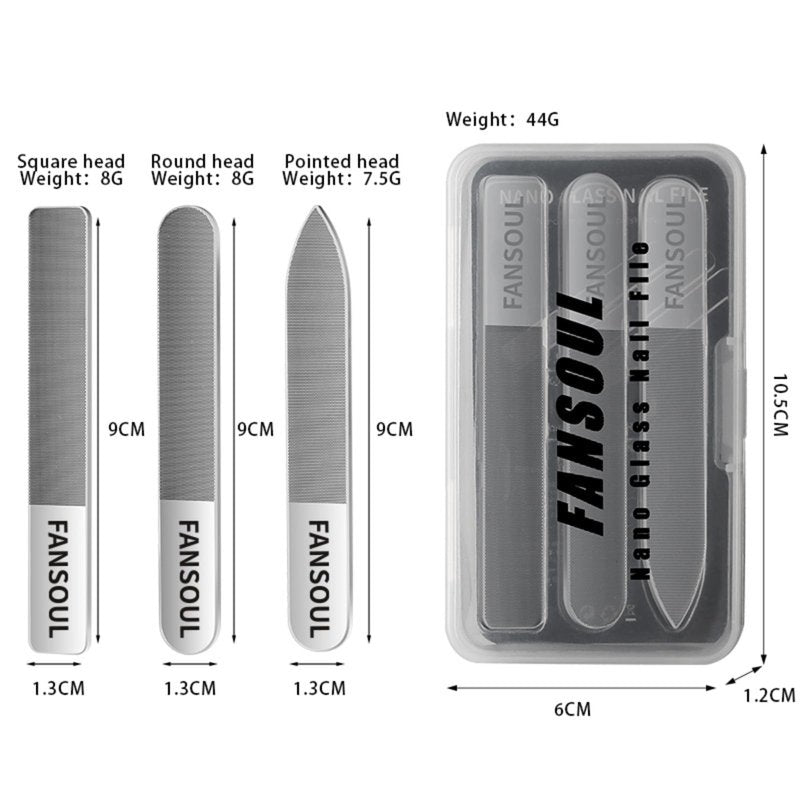 FANSOUL Nano Glass Nail File And Buffer 3 Pack Set for Natural Nails - Glass Nail Files with Round, Pointed, Square Heads for Shaping & Polishing, Manicure Tools for Healthy Nails, Gift Idea for Women