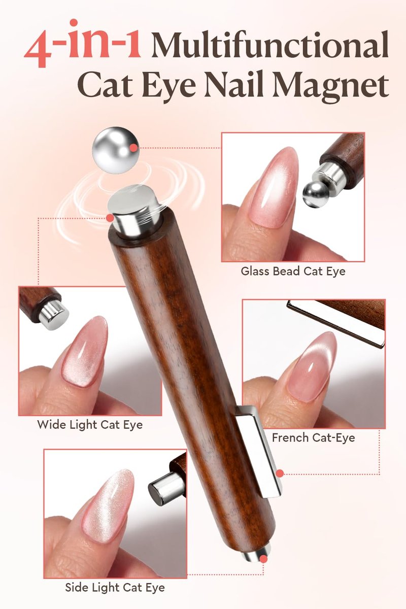 AzureBeauty 4-in-1 Cat Eye Magnet for Nails，Wooden 3-Head Nail Magnet Pens with Round Ball, Multi-Function Nail Magnets for Cat Eye Gel Polish DIY at Home Salon (Magnet Only, No Gel Included)