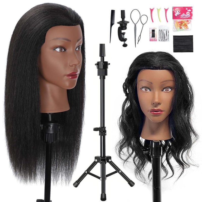 MQHIHI Mannequin Head Human Hair with Tripod Stand, 100% Real Hair Cosmetology Manikin Doll Head for Hairdresser Practice Braiding with Tripod Set and Tools (18 Inch)
