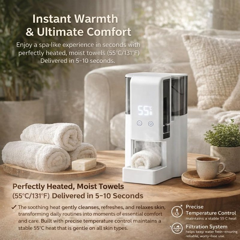 Hot Towel Dispenser with 40Pcs Towels - Automatic Instant Warmth & 55°C (131°F) Constant Temp Face Towel Warmer, Portable Hot Face Heater Machine Steamer for Bathroom & Home
