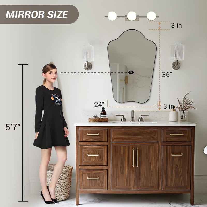 ANDY STAR Brushed Nickel Bathroom Mirror, 24x36 Scalloped Wall Mirror for Vanity, Asymmetrical Shaped Mirror for Entryway, Bedroom, Anti-Rust Stainless Steel Frame