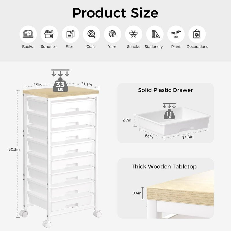 Rolling Cart with 8 Drawers, Plastic Drawer Storage Carts with Wheels & Wooden Tabletop, Metal Utility Cart Organizer for Bedroom Living Room Office Classroom Craft Organization and Storage, White