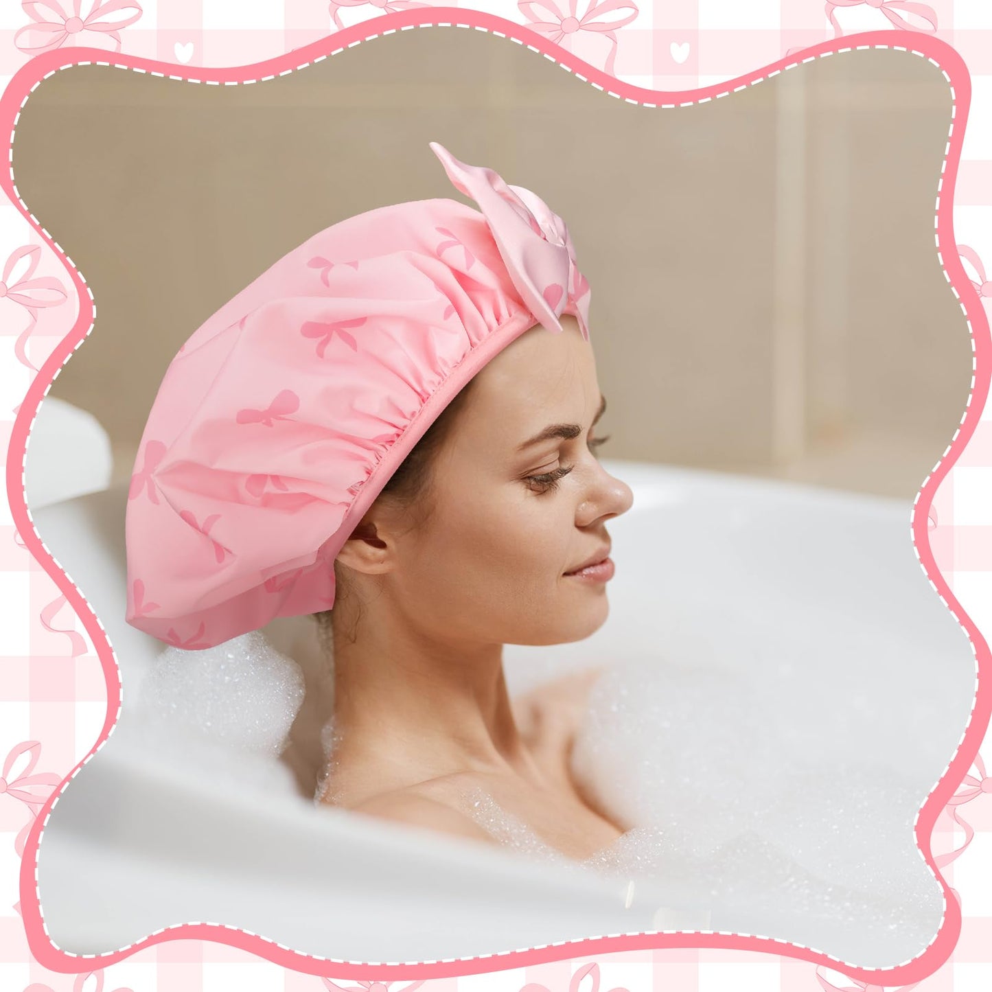 Janmercy Pink Bow Shower Cap for Women Terry Lined Shower Cap Reusable Waterproof Double Layer Bath Bonnet Adjustable Non Slip Quick Dry for Braids Long Straight Curly Hair Women Gifts