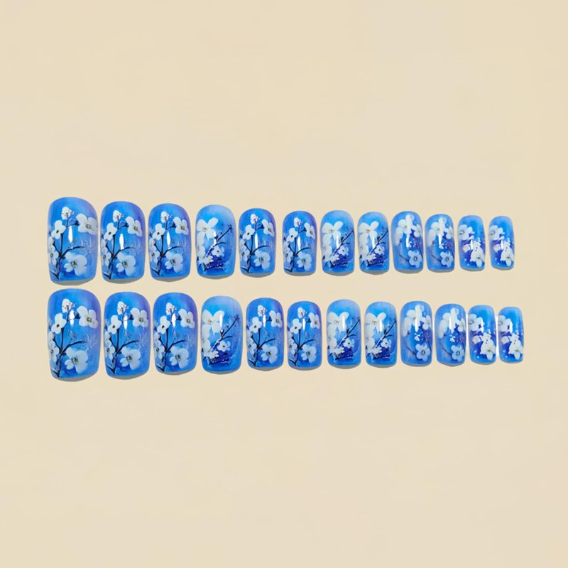 LWTZLW Blue Press on Nails Medium Square False Nails White Flower Design Full Cover Glue on Nail Summer Blue Gradient Floral Reusable Acrylic Fake Nails Glossy Artificial Stick on Nail for Women