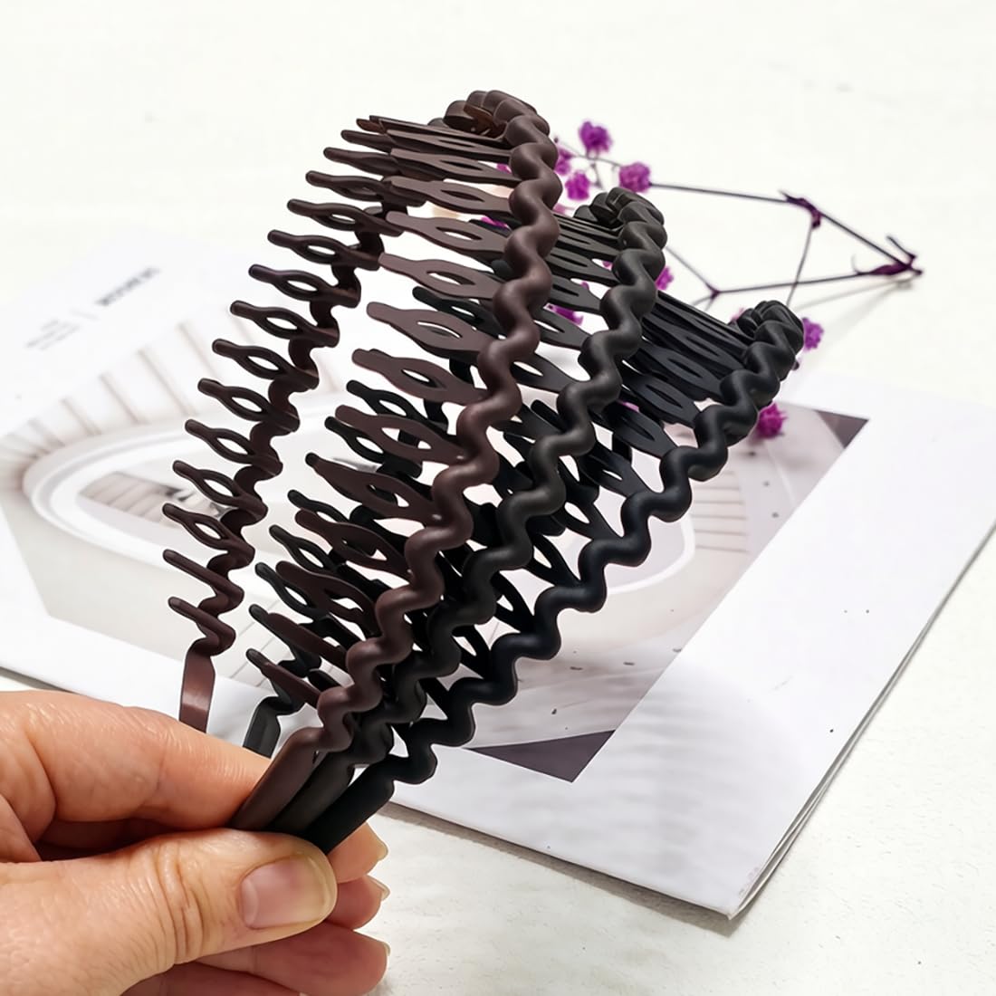 Springtime Wave Plastic Headbands for Women Girls, Flexible Comb Non-slip Hair Bands, Thin Zigzag Hair Accessories in Brown Beige Black Burgundy, Fashion Headwear for Women 6 pack