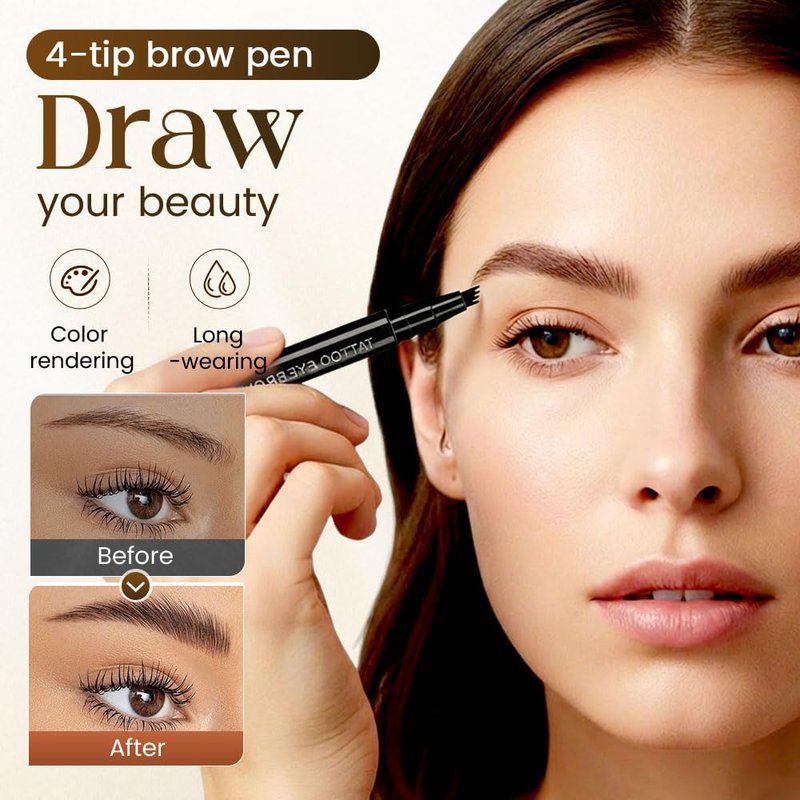Microblading Eyebrow Pencil - 4-Tip Waterproof Brow Pen for Precise Contouring | Dark Brown