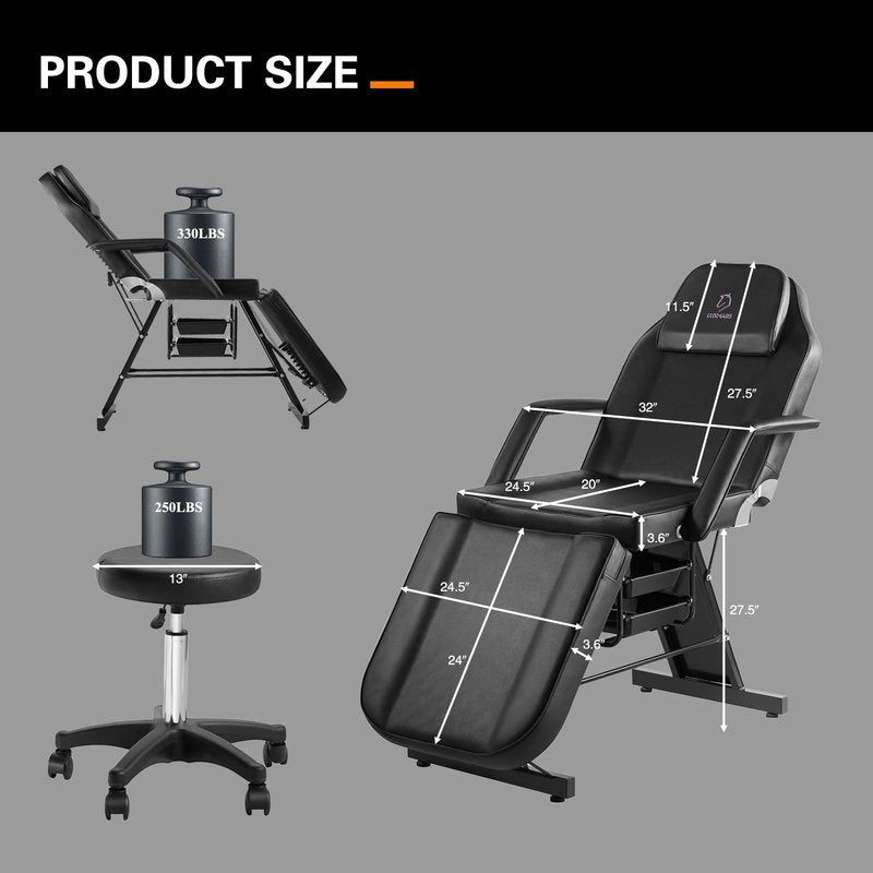 LUXMARS Facial Chair, 73 Tattoo Chair for Client, 3-Section Adjustable Massage Table with Stool, Multipurpose Beauty Beds Salon Equipment for Esthetician, Tattoo Shop, Spa (Black)