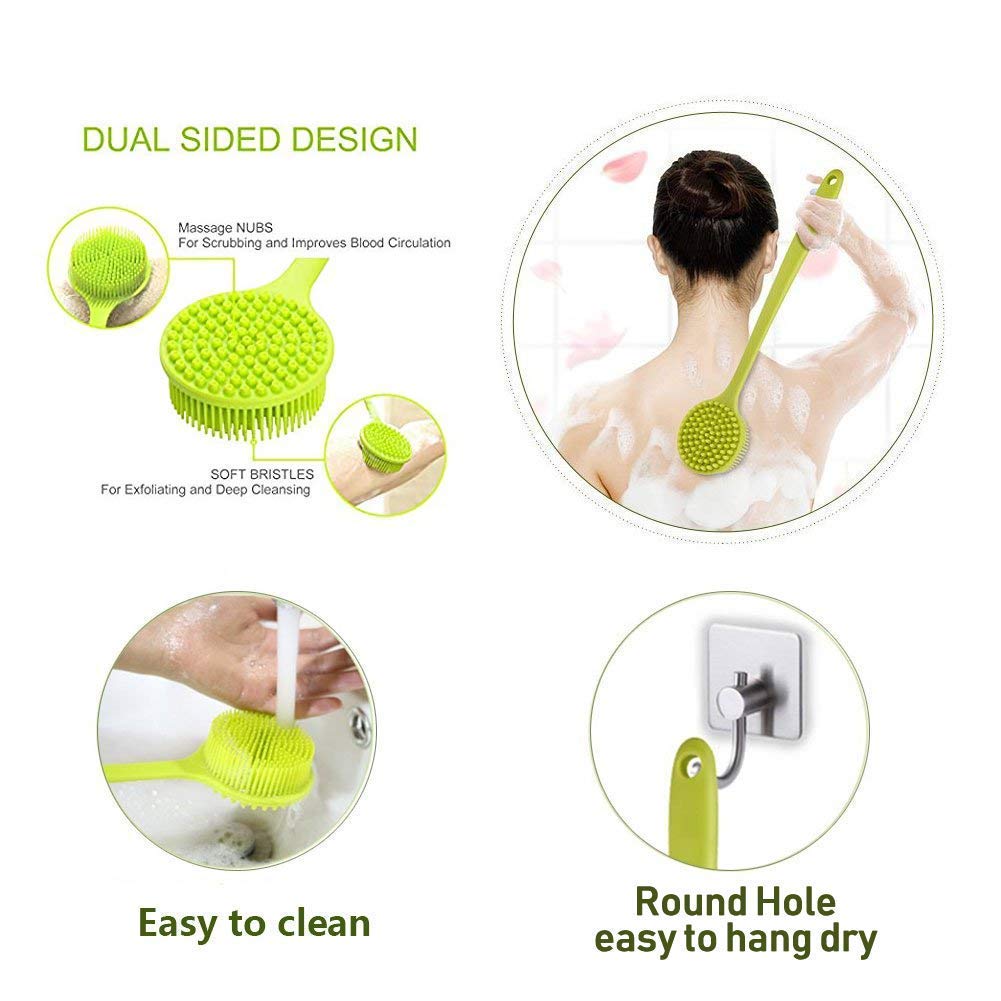 Long Handle Silicone Body Scrubber for Shower, Dual-Sided Back Scrubber Brush with Soft Bristles&Massage Nodes, Exfoliating Bath Brush for Hard to Reach Areas, Easy to Clean & Quick Dry, for Daily Use
