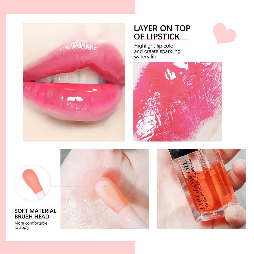 GECOMO Hydrating Lip Glow Oil, Lip Oil Gloss Transparent Toot Tinted Nourishing Long Lasting Repairing Lightening Lip Lines (CHERRY) 0.2 OZ