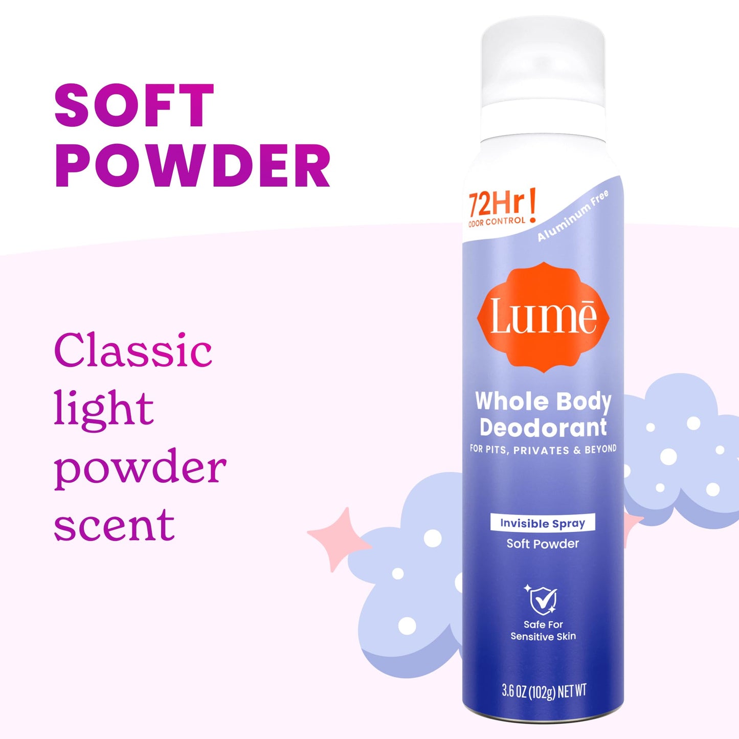 Lume Invisible Spray Deodorant For Women Two Pack - Full Size & Mini Whole Body Deodorant Spray - 72 Hr Odor Control - Aluminum & Baking Soda Free - 2 Piece Bundle - 3.6 oz & 1.0 oz (Soft Powder)