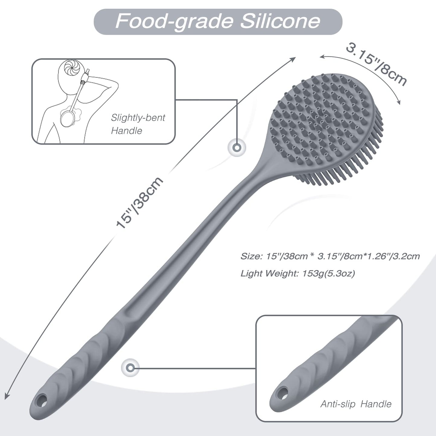 Manmihealth Silicone Back Scrubber(Thick Bristles) & Soft Bath Glove Set, Super-Exfoliating Body Scrubber & Super-Lathering Shower Brush Combination, with a Free Hook.(Gray)