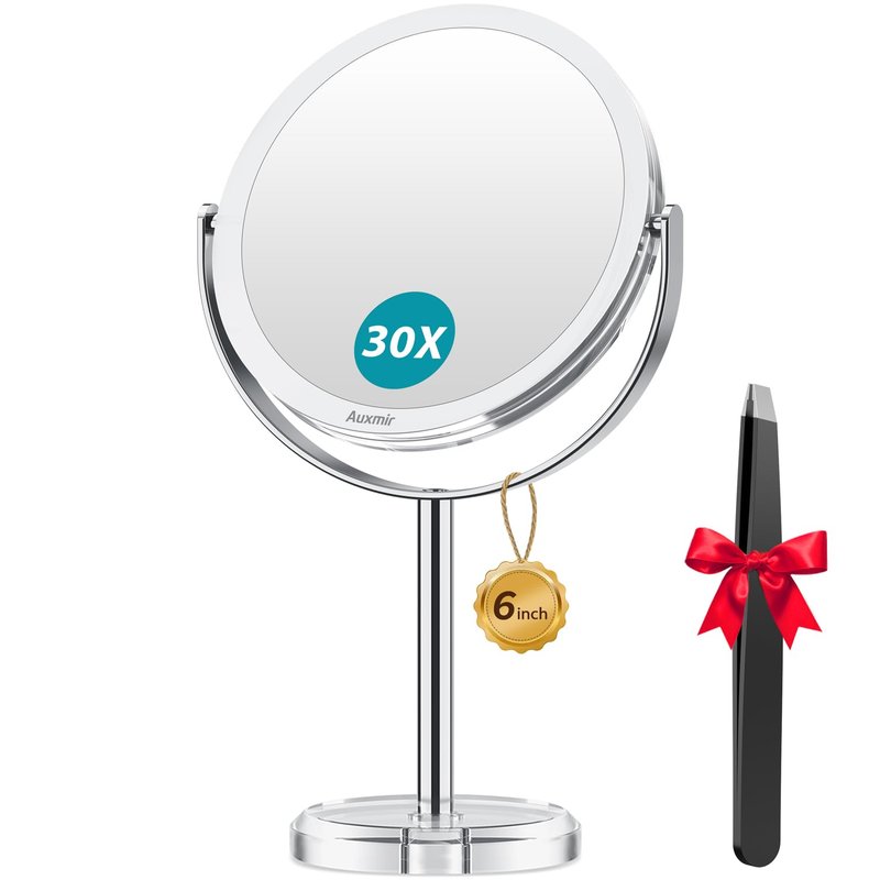 Auxmir 1X/ 30X Magnifying Mirror, Makeup Mirror with Tweezer, Double Sided Round Vanity Tabletop Mirror, 360° Rotation Portable for Dressing Table Desk Bathroom Bedroom Travel, Clear