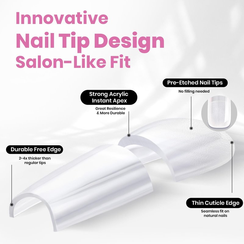 Beetles Tipex Lite Instant Apex Nail Tips, Long Square Gel Nail Tips, 16 Sizes 00-14, Built-in Apex for Natural Fit, Beginner-Friendly DIY Nail Extensions