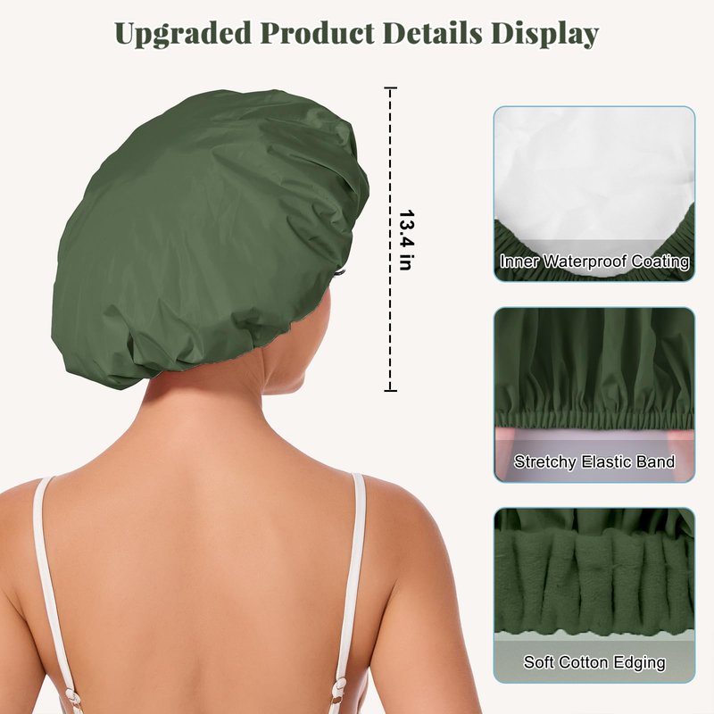 Shower Cap for Women Waterproof Reusable, Large Shower Cap Non-Slip with Elastic Band, Washable Bath Hair Hat for Long Hair, Braids (Dark Green)