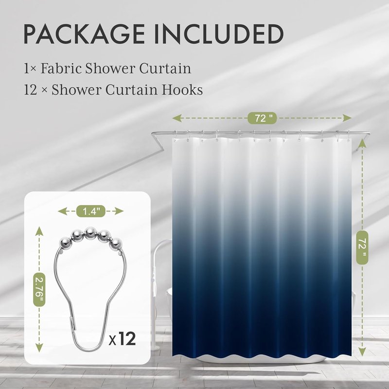 AmazerBath Shower Curtain, Cloth Ombre Blue Curtain Set with 12 Hooks, Washable Fabric Navy and White Curtain, Rustic Farmhouse Bathroom, 72x72 Inches