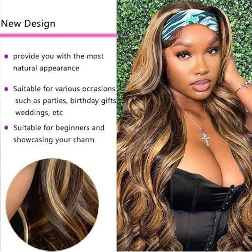 Ombre Headband Wig Human Hair #4/27 Highlight Body Wave Headband Wig Glueless None Lace Front Wig Brazilian Virgin Human Hair Wigs for Black Women Wear andGo Wig 180% Density 20 inch