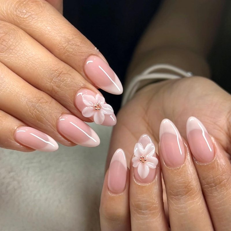 French Tip Press On Nails Almond Shape, Nude Pink with 3D Flower Design, Glossy Medium Fake Nails, Elegant Acrylic False Nails for Women Girls, Spring Floral Bridal Wedding Nails Reusable