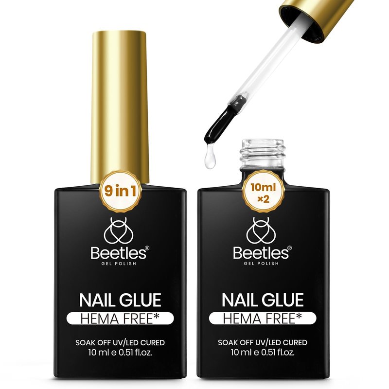 Beetles 9 in 1 Gel Nail Glue for Acrylic Nails Tips, 2Pcs 10ml Long Lasting Uv Nail Glue for False Nail Tips, Clear Press On Nails, Base Gel, Summer Nail Art, U V Light Required