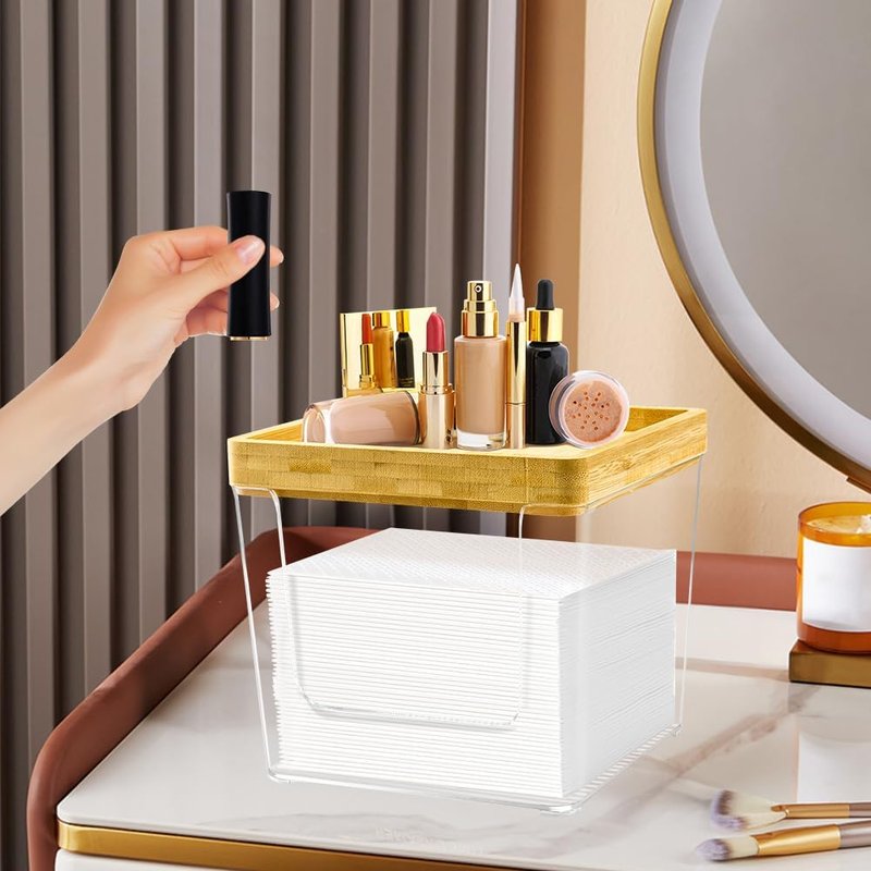 GRETJOB Acrylic Face Towel Holder Box - XL Storage Container with Bamboo Lid for Bathroom & Vanity