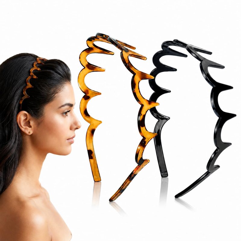 2026 Trend Zig Zag Headbands for Women – 2PCS U-Shaped Comb Hairbands, Strong Grip Non-Slip Slick Back Style, Black & Tortoise Recycled Plastic for Gym & Daily Look (2, black&leopard color)