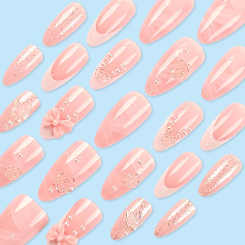24 Pcs Pink Press on Nails Short Almond White French Fake Nails with 3D Pearl Bow Butterfly Flowers Design Nude False Nails Full Cover Acrylic Nail Art Tips Cute Glue on Nails for Women Manicure