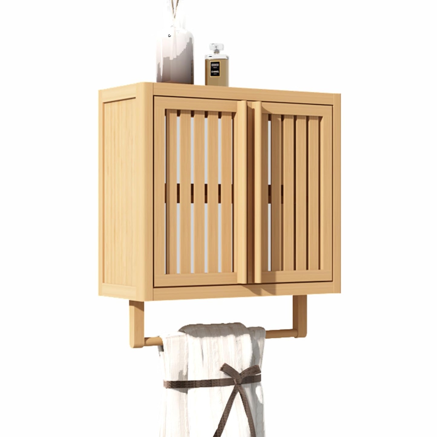 Bathroom Wall Cabinet, Over The Toilet Storage Cabinet with Towel Bar & Adjustable Shelves, Wall Mounted or Standing Bamboo Cabinet for Bathroom, Kitchen, Bedroom, 27.6x9.8x29.9 Inches (Upgraded)