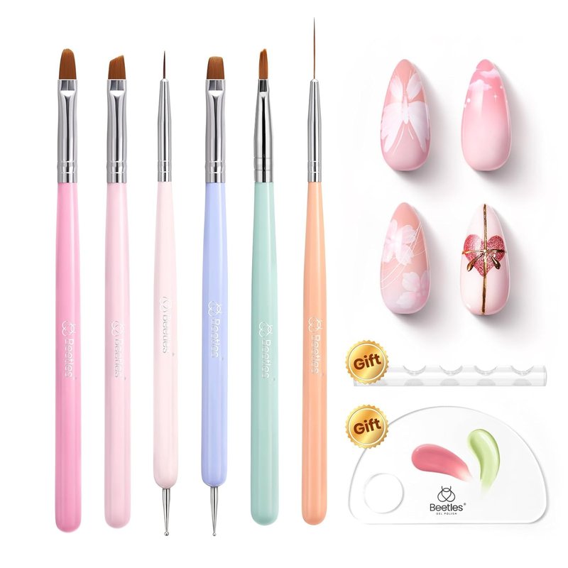 Beetles Nail Art Brushes - 6-Piece Double-Headed Dotting Tool Set for Precision Nail Design | Includes Holder & Palette