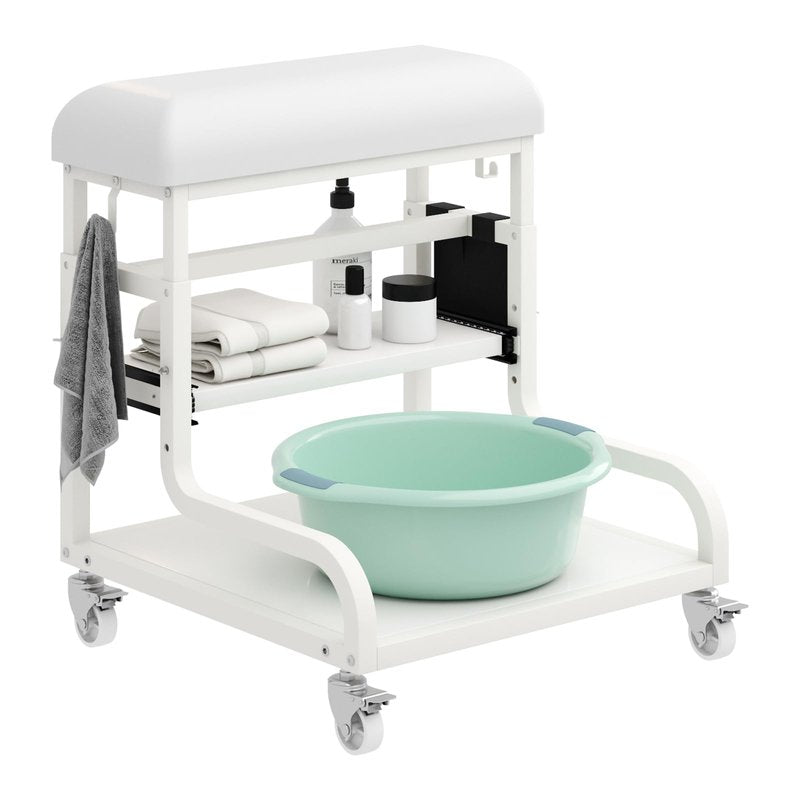 Adjustable Pedicure Foot Rest with 3-Level Height, PU Cushion, Storage & Locking Wheels, Mobile Pedicure Cart Foot Bath Trolley for Foot Bath, Salon & Spa (White)