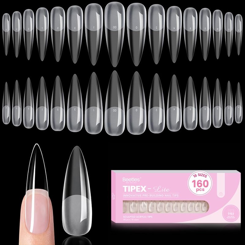 Beetles Tipex Lite Instant Apex Nail Tips, XL Long Stiletto, 16 Sizes | 00–14, 160PCS, Built-in Apex Acrylic Tips for Flat & Natural Nail Beds, Beginner-Friendly Easy DIY Nail Extensions