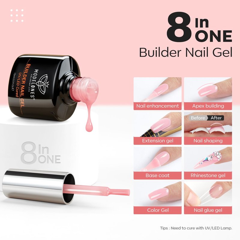 modelones Gel Polish Builder Nail Set, Base Colors 8-in-One Jelly Nude Pink Clear Builder Nail Gel for Nails Strengthener Hard Extension Rubber Lamp Cured 6 Colors